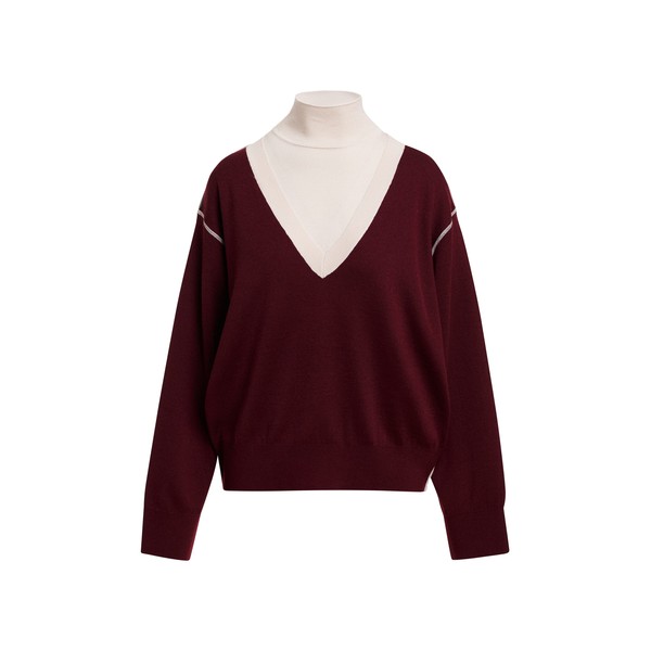 Burgundy V-neck wool-blend sweater with off-white contrasting trims