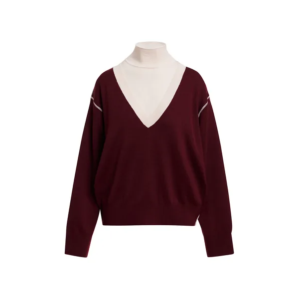 Burgundy V-neck wool-blend sweater with off-white contrasting trims