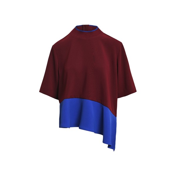Burgundy and cobalt blue layered color-block top