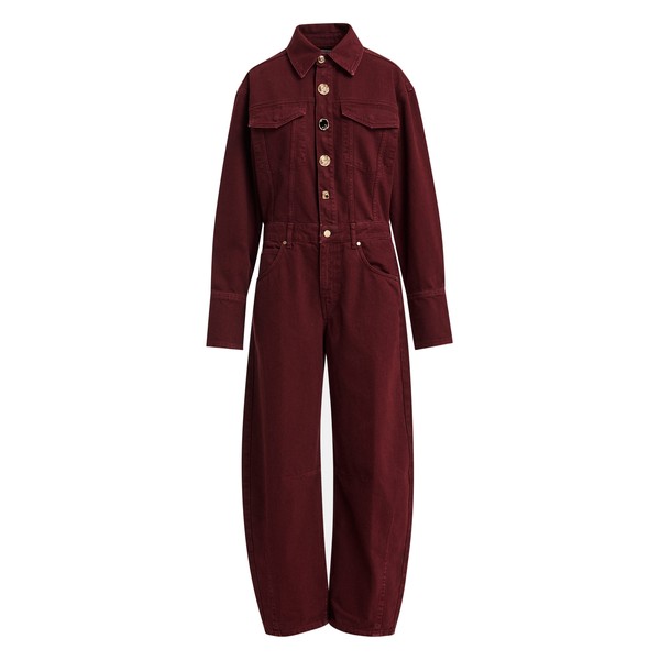 Burgundy denim barrel-leg jumpsuit