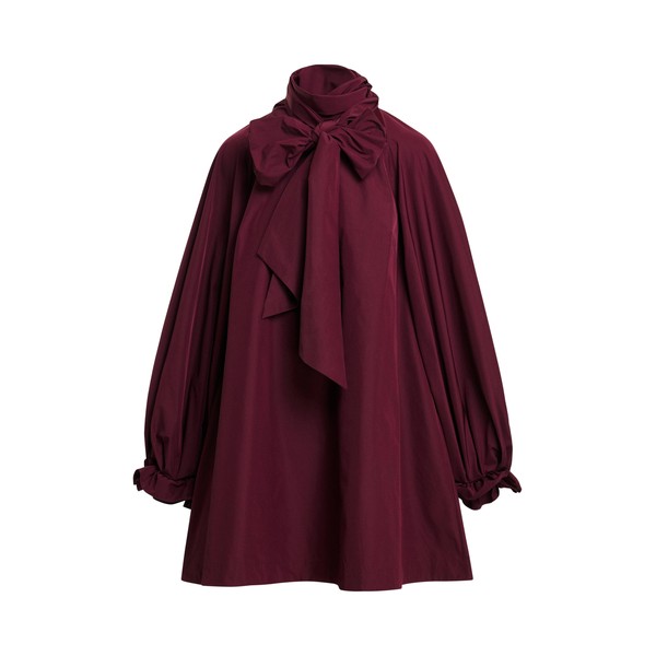 Burgundy oversized A-line mini dress with pussy-bow neckline