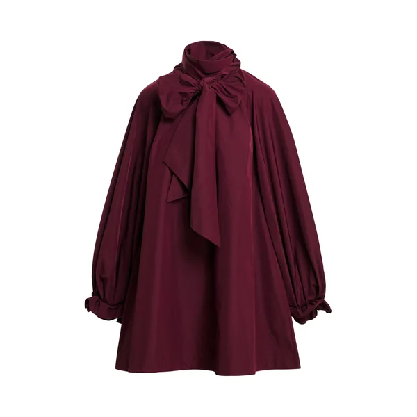 Burgundy oversized A-line mini dress with pussy-bow neckline