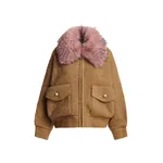 Camel bouclé bomber with light pink removable faux fur collar
