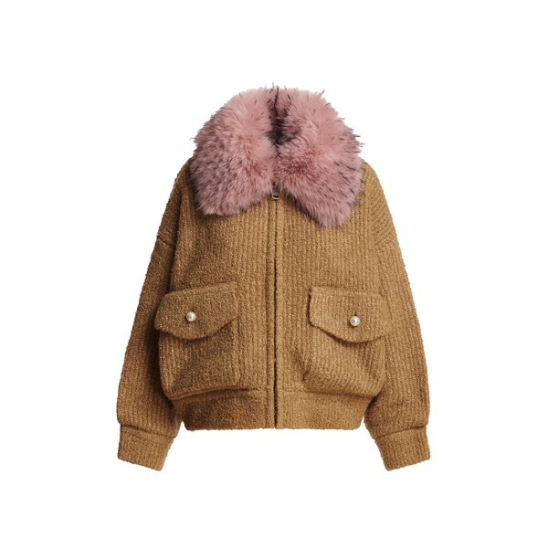Camel bouclé bomber with light pink removable faux fur collar
