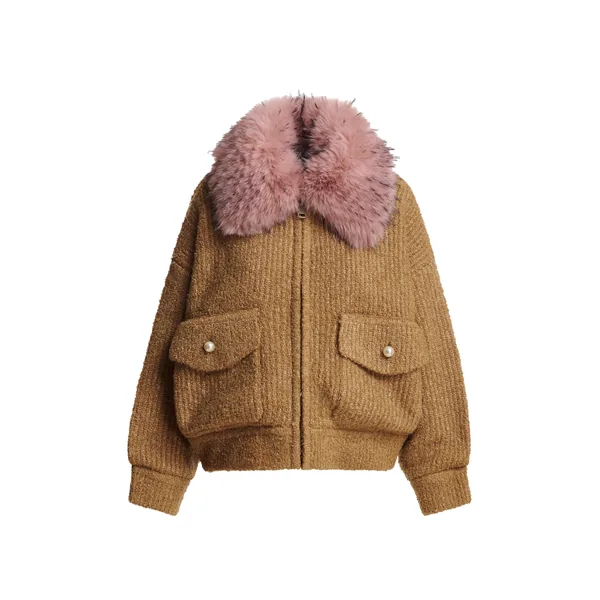 Camel bouclé bomber with light pink removable faux fur collar