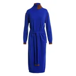Cobalt-blue and brown wool-blend turtleneck midi dress with sleeve ties at the waist