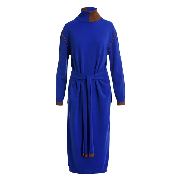 Cobalt-blue and brown wool-blend turtleneck midi dress with sleeve ties at the waist