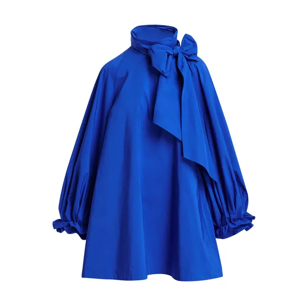 Cobalt blue oversized A-line mini dress with pussy-bow neckline