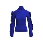 Cobalt blue ribbed turtleneck sweater with ruffle sleeves