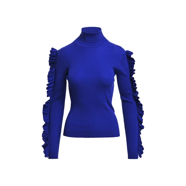 Cobalt blue ribbed turtleneck sweater with ruffle sleeves