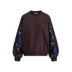 Dark brown and cobalt blue floral jacquard-sleeve sweatshirt