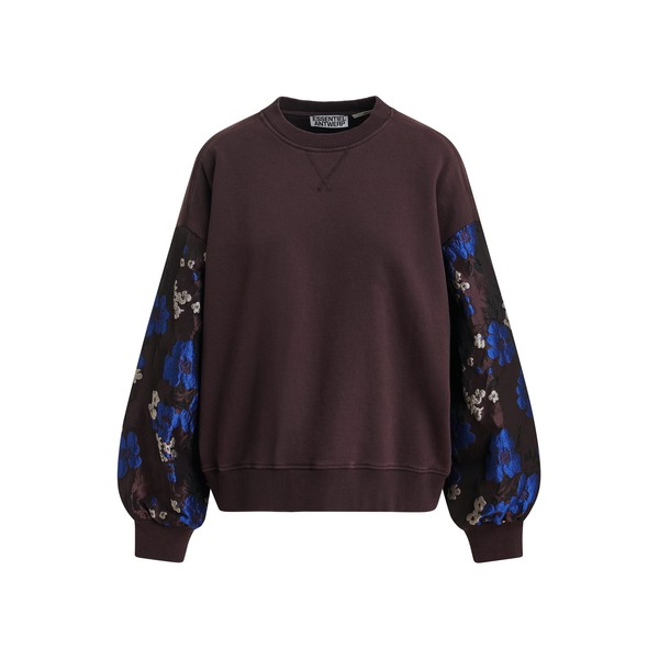 Dark brown and cobalt blue floral jacquard-sleeve sweatshirt