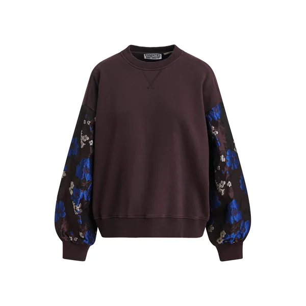 Dark brown and cobalt blue floral jacquard-sleeve sweatshirt
