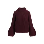 Dark burgundy chunky turtleneck sweater with voluminous sleeves
