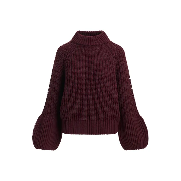 Dark burgundy chunky turtleneck sweater with voluminous sleeves