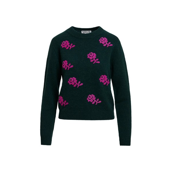 Dark green and pink floral jacquard wool sweater