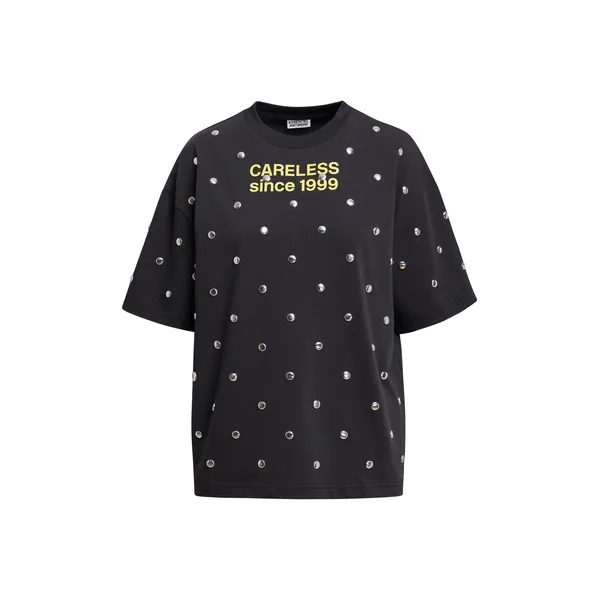 Dark grey and yellow stud-embellished slogan T-shirt