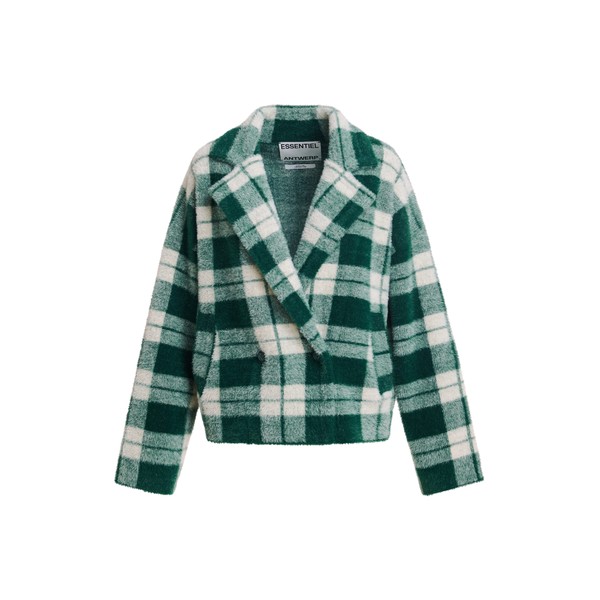 Green and off-white double-breasted checked knit cardigan