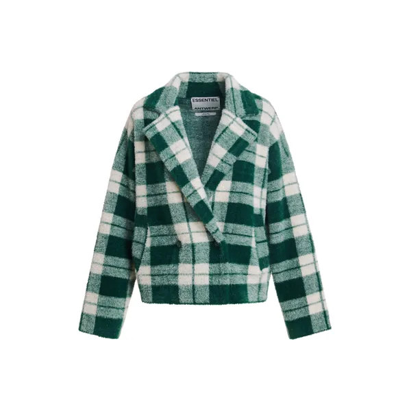 Green and off-white double-breasted checked knit cardigan