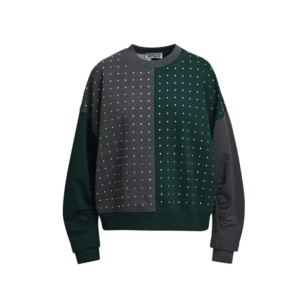 Grey and dark green rhinestone-embellished color-block sweatshirt