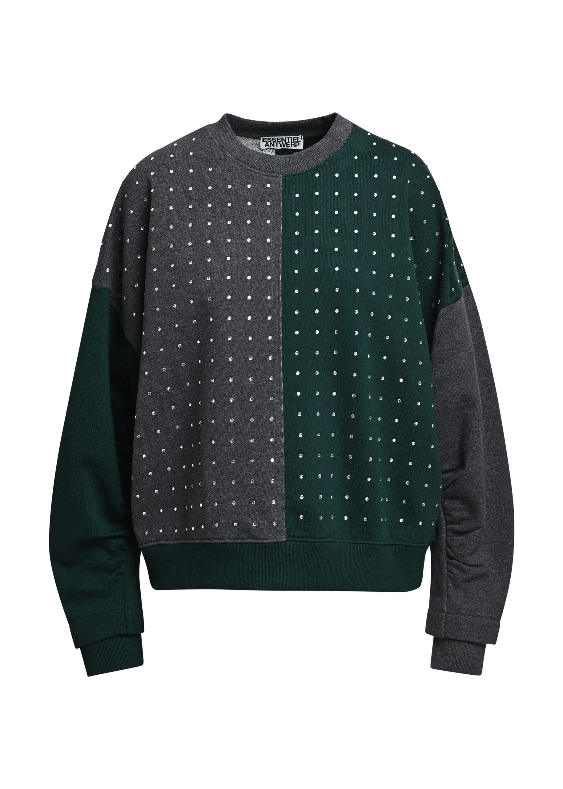 Essentiel Antwerp Grey and dark green rhinestone-embellished color-block sweatshirt Grey and dark green rhinestone-embellished color-block sweatshirt