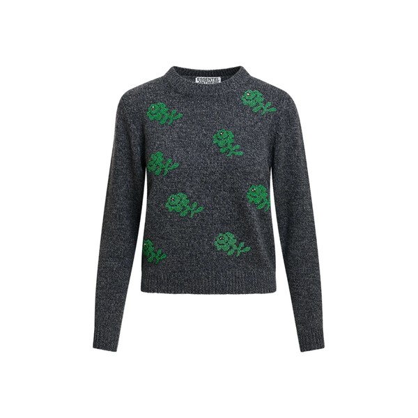 Grey and green floral jacquard wool sweater