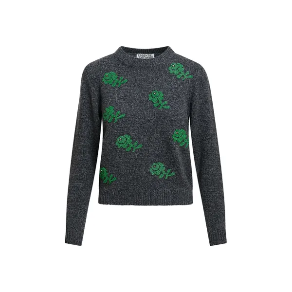 Grey and green floral jacquard wool sweater