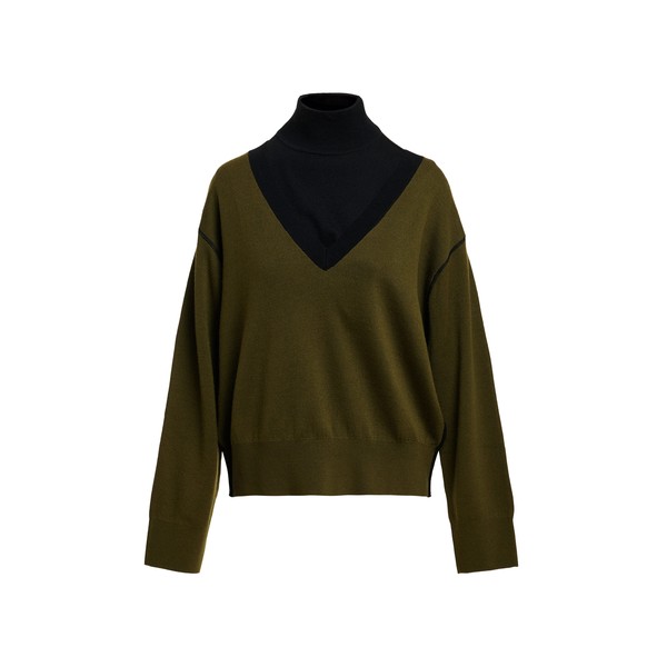 Khaki V-neck wool-blend sweater with black contrasting trims