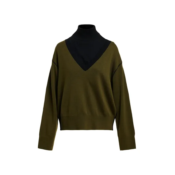 Khaki V-neck wool-blend sweater with black contrasting trims