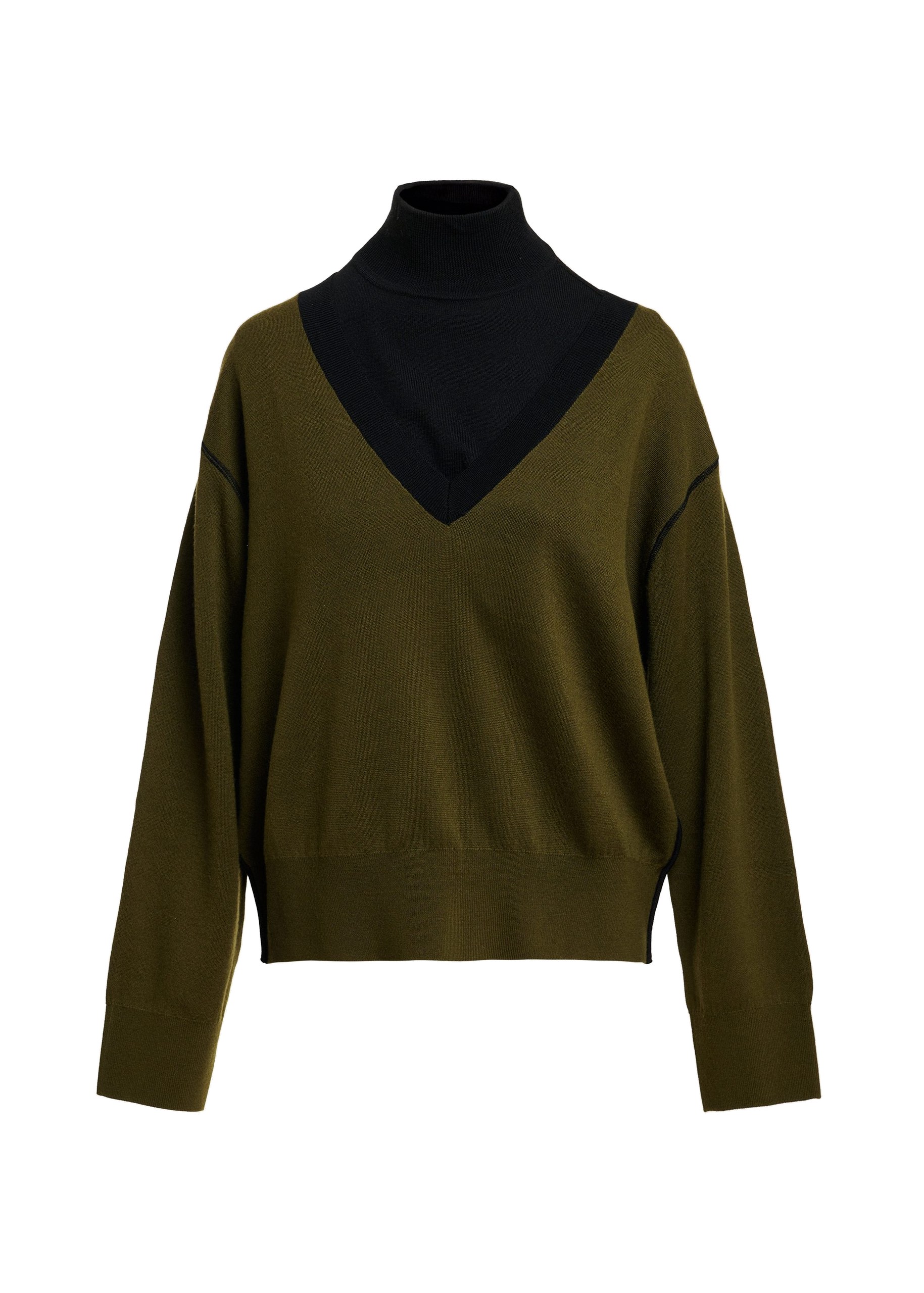 Essentiel Antwerp Khaki V-neck wool-blend sweater with black contrasting trims Khaki V-neck wool-blend sweater with black contrasting trims