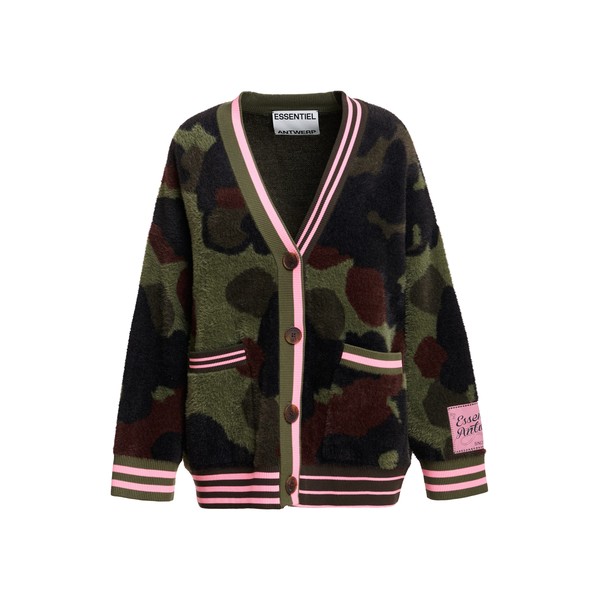 Khaki and brown camo jacquard cardigan with pink striped trims