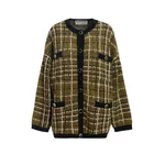 Khaki and off-white checked knit cardigan with black contrasting trims