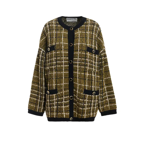 Khaki and off-white checked knit cardigan with black contrasting trims