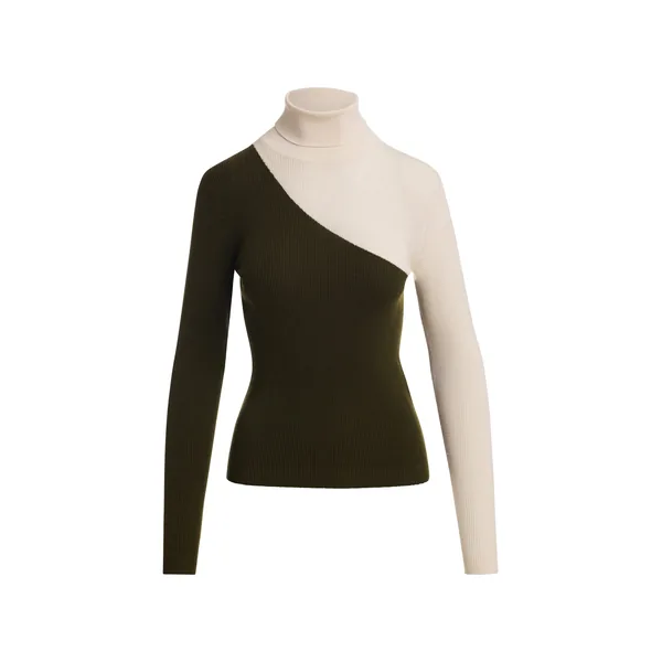Khaki and off-white two-tone wool-blend turtleneck sweater