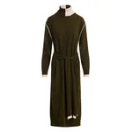 Khaki and off-white wool-blend turtleneck midi dress with sleeve ties at the waist