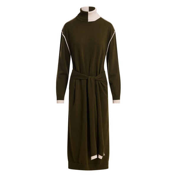 Khaki and off-white wool-blend turtleneck midi dress with sleeve ties at the waist