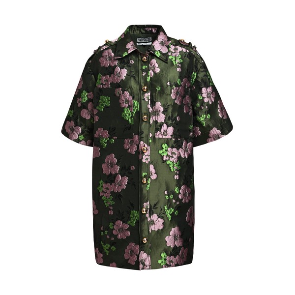 Khaki and pink floral jacquard mini shirt dress