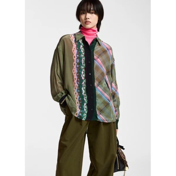 black and light pink mixed-print oversized shirt