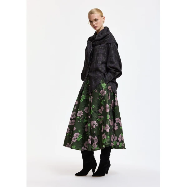 light pink and green floral jacquard circle midi skirt