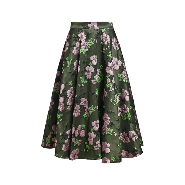 Khaki, light pink and green floral jacquard circle midi skirt