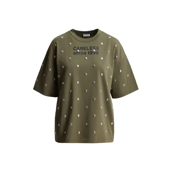 Khaki slogan-print cotton T-shirt with stud embellishments