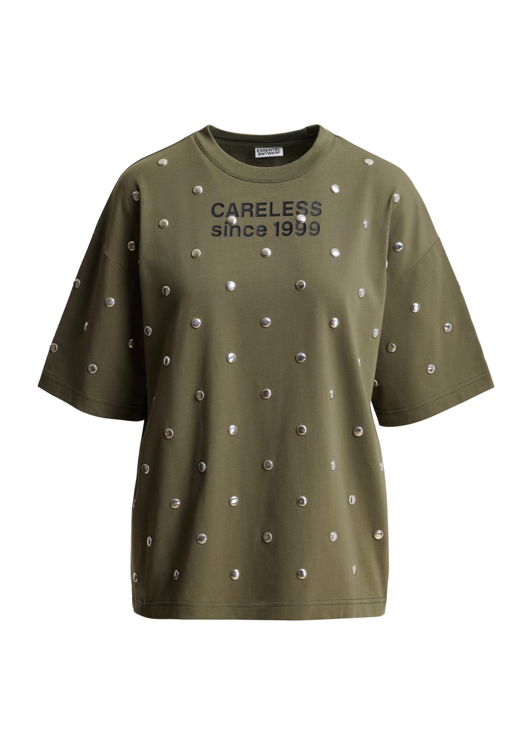 Essentiel Antwerp Khaki slogan-print cotton T-shirt with stud embellishments Khaki slogan-print cotton T-shirt with stud embellishments