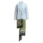 Light blue and off-white striped shirt dress with khaki and multicolor scarf hem