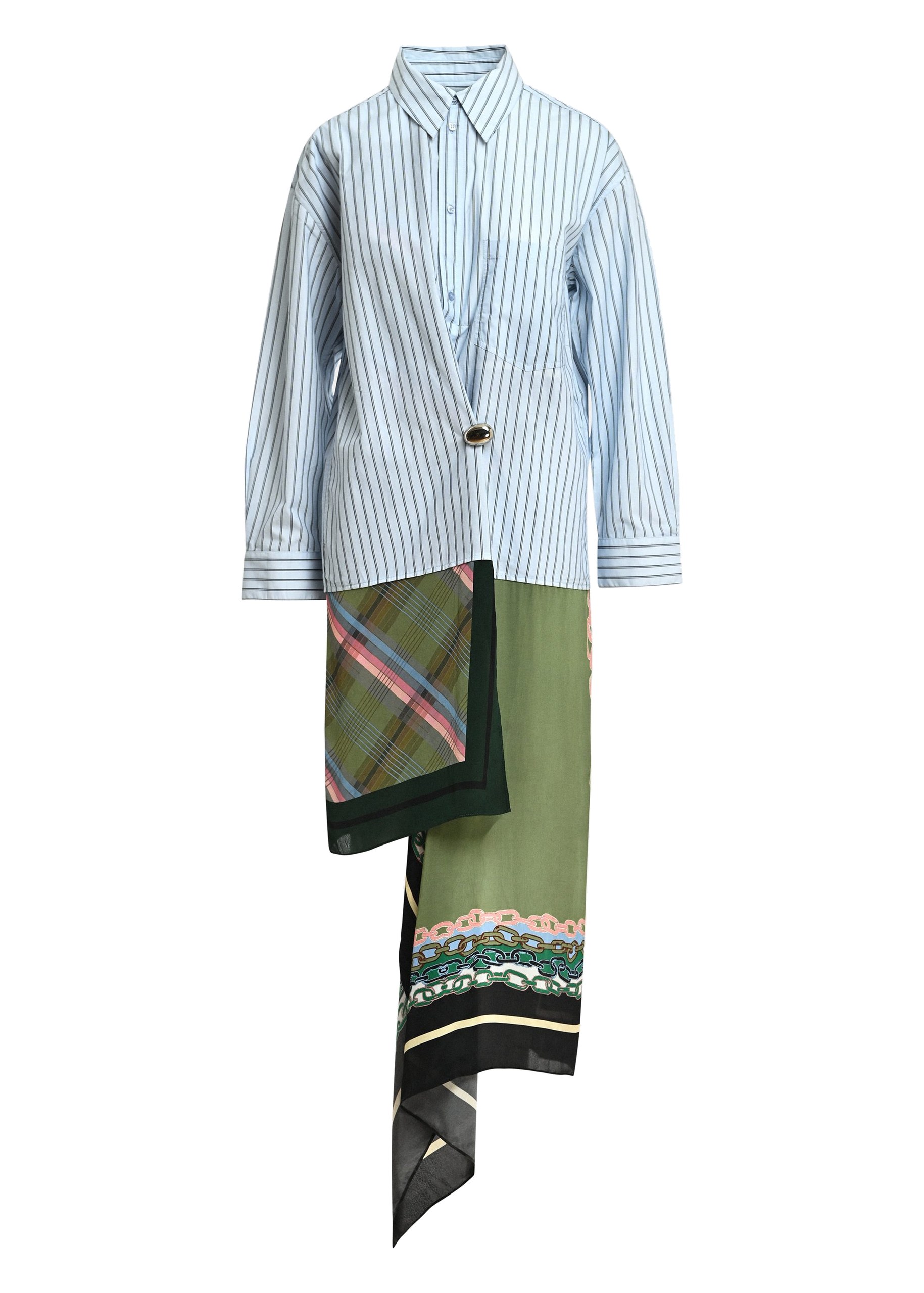 Essentiel Antwerp Light blue and off-white striped shirt dress with khaki and multicolor scarf hem Light blue and off-white striped shirt dress with khaki and multicolor scarf hem