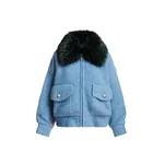 Light blue bouclé bomber with dark green removable faux fur collar
