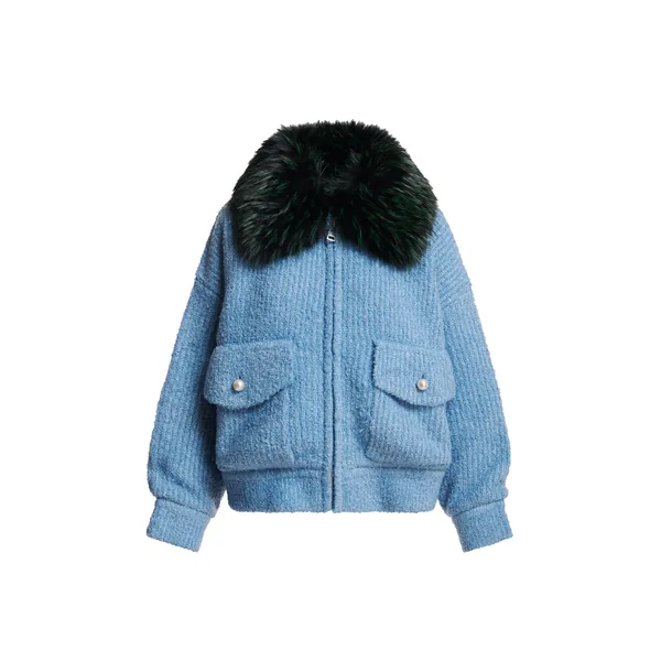 Light blue bouclé bomber with dark green removable faux fur collar