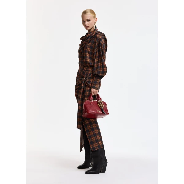 red and orange checked draped midi skirt