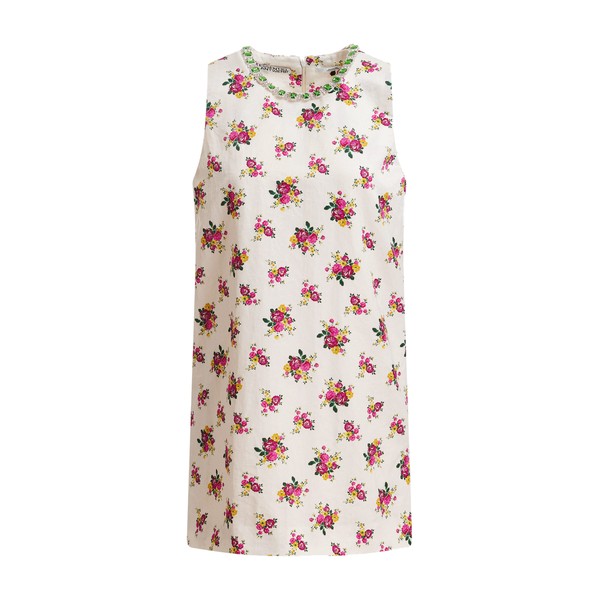 Off-white and multicolor floral sleeveless mini dress with embellished neckline