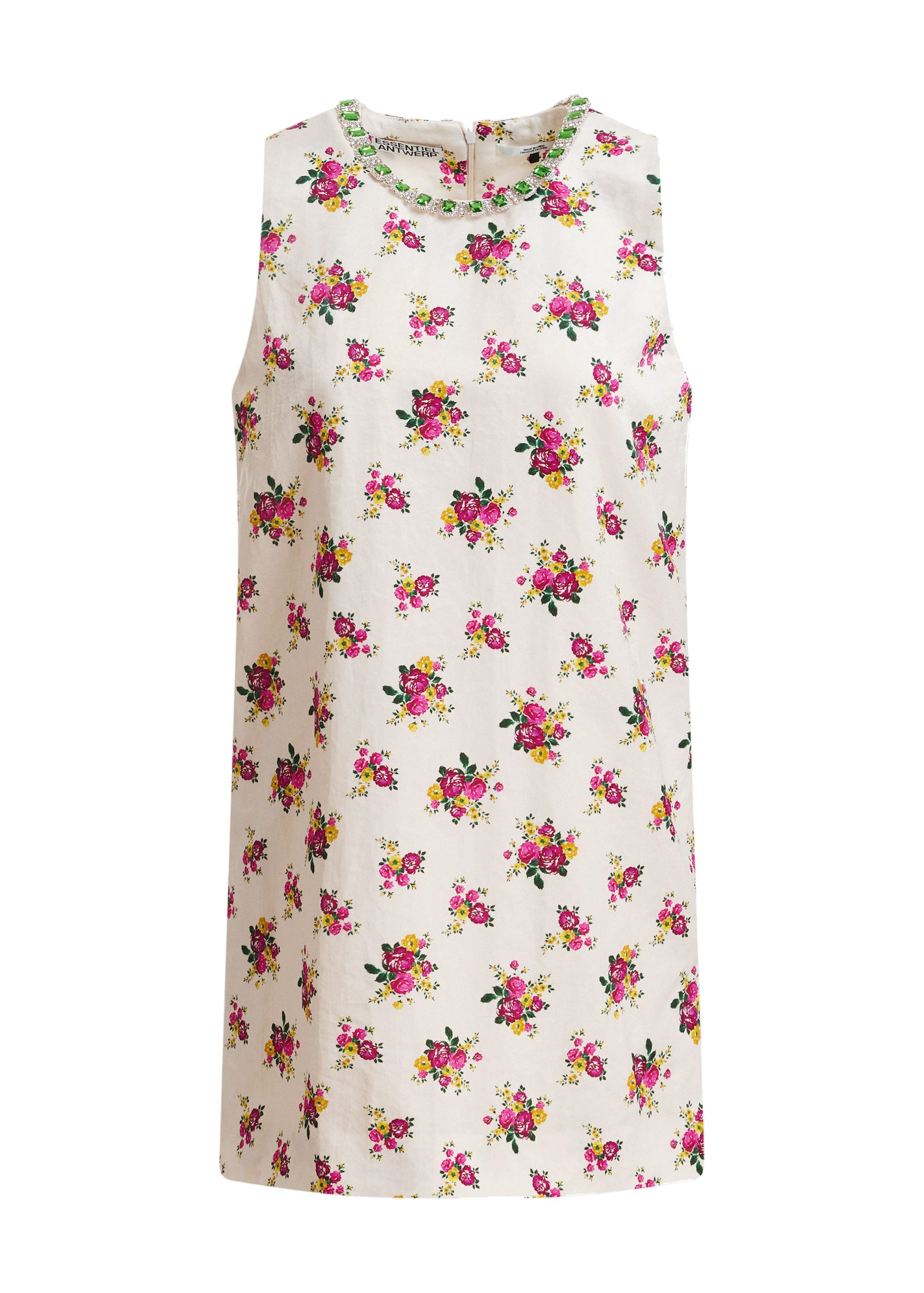 Essentiel Antwerp Off-white and multicolor floral sleeveless mini dress with embellished neckline Off-white and multicolor floral sleeveless mini dress with embellished neckline
