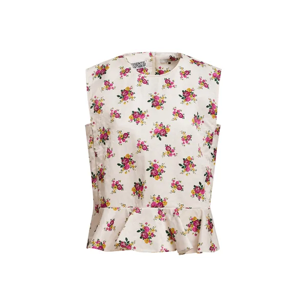 Off-white and multicolor sleeveless floral ruffle-detail top
